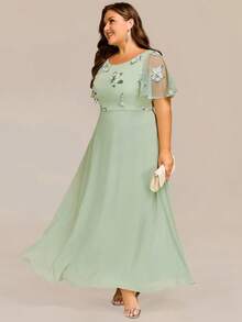 Plus Elegant Round Neck Floral Sequin Embroidery Formal Dresses Sage Green Bridesmaid Dresses Fall Wedding Guest Dresses - Mint Green - View 7