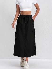 Women's Vintage American Style Utility Skirt, Lightweight Breathable Fabric, A-Line With Multiple Pockets, High-Waisted Slim Design, Fashion Slit Skirt