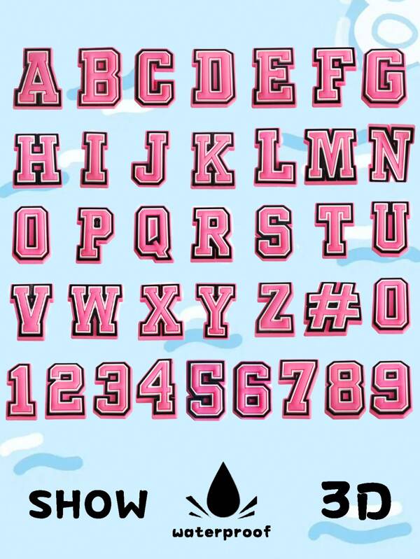 GrinLab 37 Stücke rosa Buchstaben & Ziffern Schuh Dekorationen, PVC Krokodil Charm, geeignet für Clogs, Sandalen, Armbänder, Partyzubehör für Frauen, Männer, Erwachsene, Kinder, Jugendliche