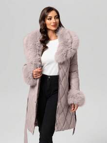 Chaqueta acolchada para mujer Risissida para exteriores con cuello de piel sintética, cinturón con ribete - Abrigo acolchado minimalista largo para otoño e invierno