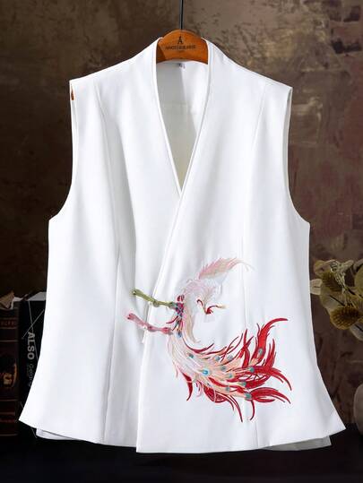 Fashionable V-Neck Sleeveless Chinese Style Suit Vest Jacket, Elegant Button Decorated Waistcoat Crop Top - Embroidered Phoenix Pattern, Solid Color, Side Slit - Suitable For All Seasons, Elegant Special Edition, Traditional Version, Suitable For Women, Casual / Daily / Office / Work / Occasions