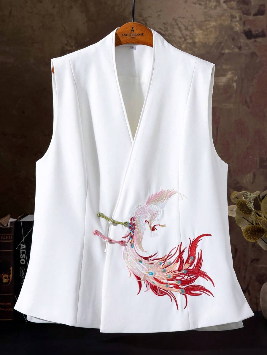 Fashionable V-Neck Sleeveless Chinese Style Suit Vest Jacket, Elegant Button Decorated Waistcoat Crop Top - Embroidered Phoenix Pattern, Solid Color, Side Slit - Suitable For All Seasons, Elegant Special Edition, Traditional Version, Suitable For Women, Casual / Daily / Office / Work / Occasions - White - View 1