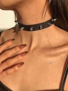 1 chiếc vòng cổ choker bằng da sẫm màu có đinh tán hợp kim Gothic Punk độc đáo dành cho nam và nữ, thích hợp cho các sự kiện tiệc nhạc Rock - màu đen - Xem 2