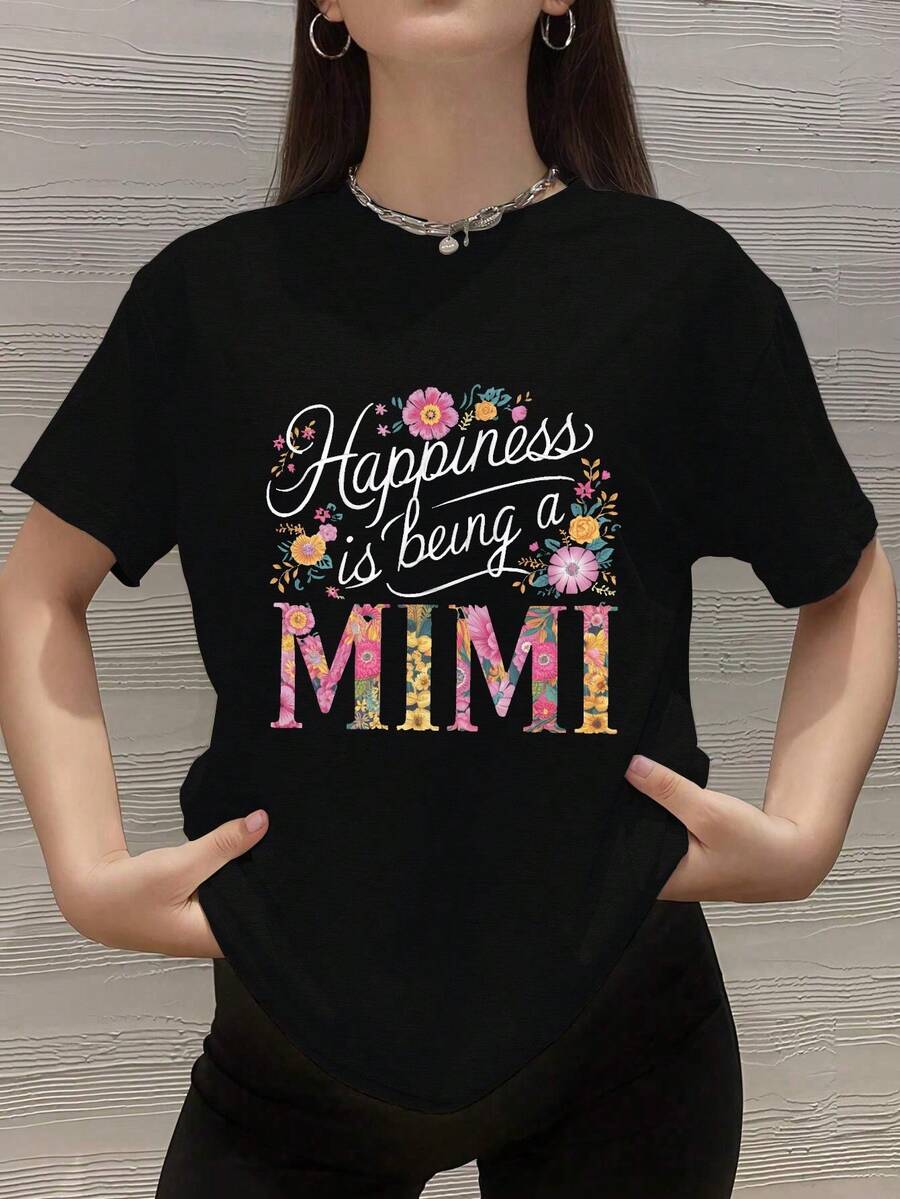 Floral Happiness Is Being A Mimi Women's Plus Size Sports Short Sleeve T-Shirt - Black - View 1