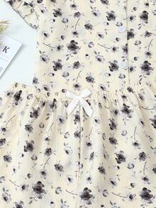 [Elegant Fields]2pcs Women Ink Floral Ruffle Collar Short Sleeve Top & Shorts Pajama Set, Comfortable Loungewear For Home Use In Spring/Summer - Apricot - View 6