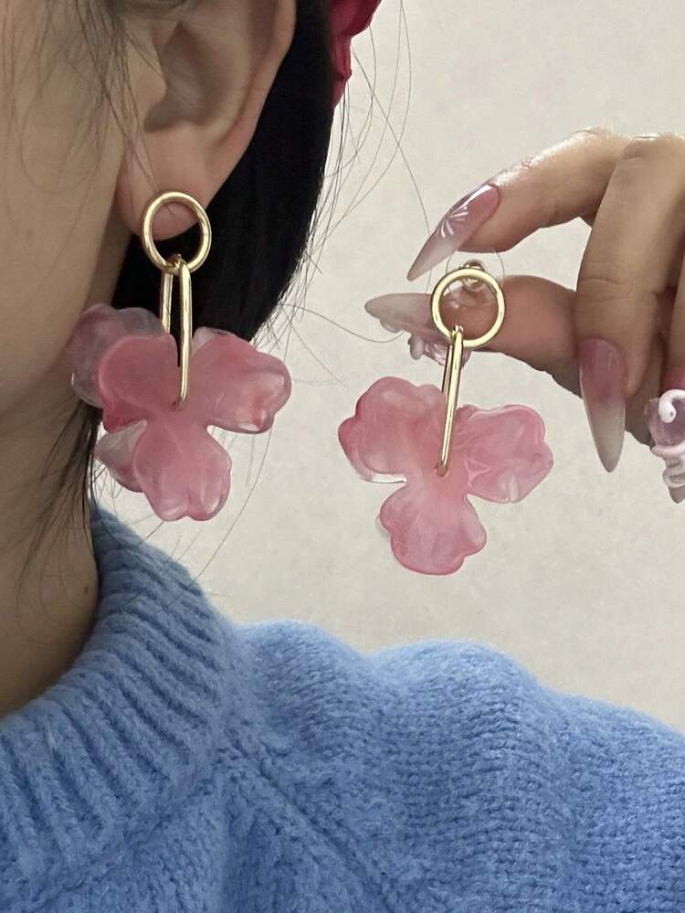 1 对亚克力长粉色花瓣复古时尚个性化百搭欧美风格耳环，适合女士和女孩、派对、婚礼、周年纪念礼物 - 粉色 - 查看 1