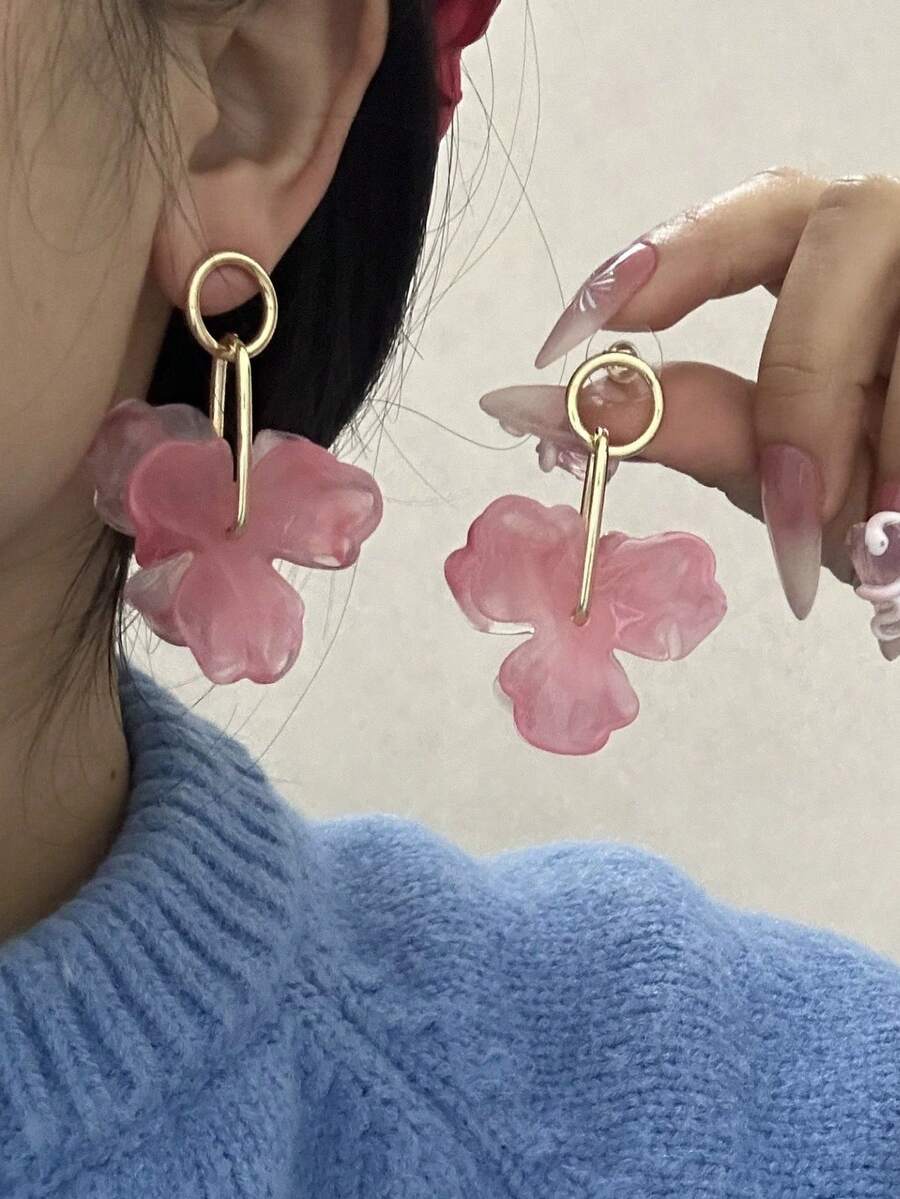 1 对亚克力长粉色花瓣复古时尚个性化百搭欧美风格耳环，适合女士和女孩、派对、婚礼、周年纪念礼物