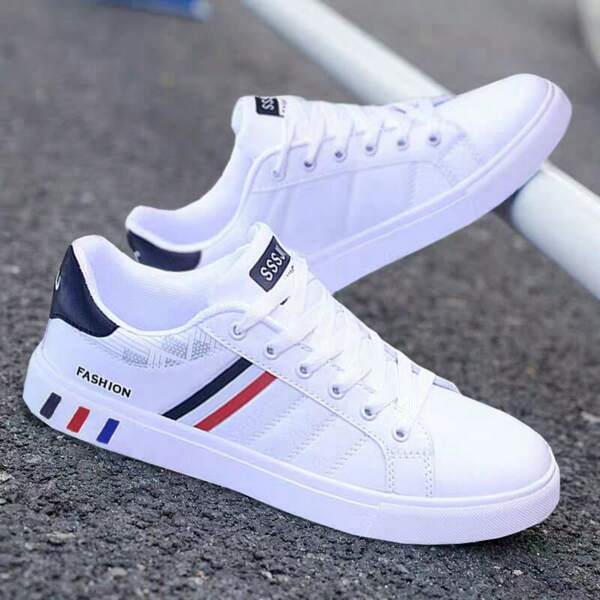 Men Stripe Design Lace-Up Skate Shoes - Wear-Resistant PU Leather Uppers, Breathable Fabric Inner, Cloth Insole, Non-Slip PVC Sole, Round Toe Cap, Perfect For Outdoor Casual Wear In Fall, Spring, Summer, Winter