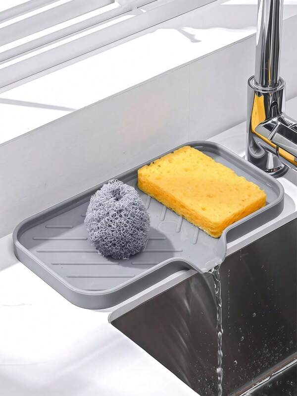 1pc Silicone Drain Rack,Kitchen Sink Splash Guard - Silicone Faucet Handle Drip Filter Tray, Dishwashing Soap Dispenser, And Sponge Holder Pad Behind The Faucet, Kitchen Small Tool Sink Accessories Suitable For Kitchen Countertops And Bathrooms