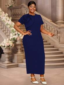 Elegant Bodycon Graduation Dresses Party Short Sleeves 3D Flower Wedding Guest Occasion Plus Size, For Cocktail - Navy Blue - View 3