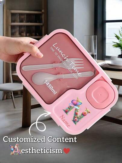 1pc Customizable Fantasy Pattern & Artistic Text Bento Box. Made Of PP Material With 3 Compartments And Matching Cutlery. Portable, Minimalist, Waterproof, Tight, Leak-Proof, Large Capacity, Suitable For Students, Office Workers, And Daily Use.,Multi-Functional,Durable,Ornamental,Reusable,Exquisite,Stylish,High-Quality,Colorful,Modern,Custom,Personalized,Unique