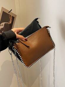 纯色女士手提包，新款时尚优雅女士魅力单肩包/斜挎包/手拿包，带串珠细节 - 棕色 - 查看 8