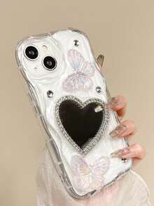 Hand-Made Milky White Resin Rhinestone Heart-Shaped Mirror Phone Case Compatible With IPhone 16 Pro Max, 16/15/14/13/12/11/Pro Max/Pro/Plus, 3D Butterfly & Crystal Precise Full Coverage Shockproof - [Milky White Butterfly Rhinestone Heart Mirror] Cream Edge - View 3