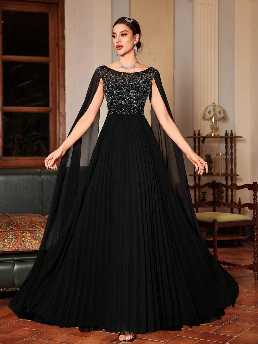 优雅手工长款派对舞会礼服，女士正式晚礼服，婚礼宾客礼服 - 黑色 - 查看 1