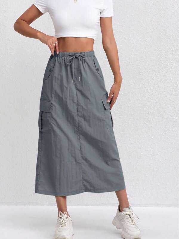 Amerikanischer Stil Damen Outdoor Cargo Rock Vintage A-Linie Rock, leichter atmungsaktiver Stoff mit Mehrfachtaschen, hohe Taille, schlank geschnitten mit Schlitz