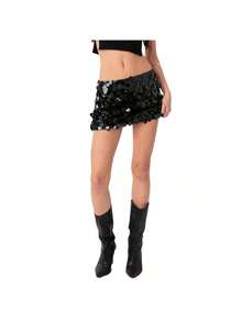 Sequin Skirt For Women Stretchy Bodycon Mini Skirts Sexy Sparkly Skirt Glitter Shiny Skirt Night Out Party - 黑色 - 查看 2