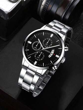 2 件男士手表套装男士石英圆形表盘男士商务休闲手表