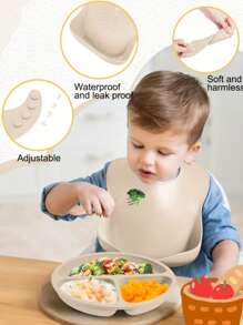 5 pièces/Set Vaisselle en silicone pour bébé, Set d'alimentation: 1 pièce bavoir en silicone, 1 pièce bol escargot en silicone, 1 pièce assiette en silicone, 1 pièce grande cuillère en bois, 1 pièce grande fourchette en bois