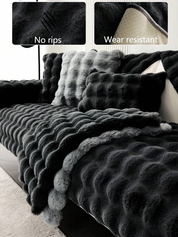 1pc All Season Thickened Sofa Cushion Cover, Non-Slip Slipcover, Dust Proof & Dirt Resistant, Machine Washable, Fuzzy Black Home Decor, Pet Friendly Protective Slipcover, Suitable For Bedroom, Office, Living Room And L-Shaped 1/2/3/4 Seater Sofa