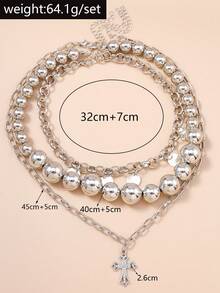 3pcs/Set Punk Style Chain & Bead Cross Pendant Necklace Set For Women, Daily Wear - Silver - View 4