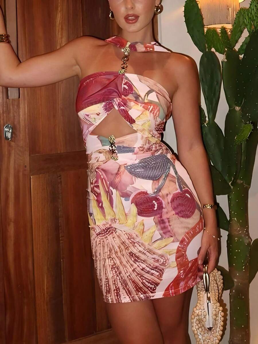 女士镂空金属扣印花紧身迷你连衣裙，性感露肩裙，适合早春穿着