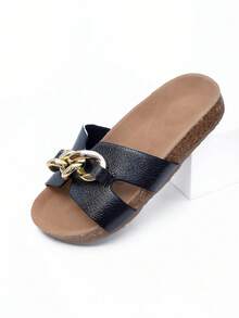 Kids Fashion Slip-On Sandals, Flat Casual Beach Slippers, Square Toe Rivet Stylish Slip-On Sandals With -Style Soles, Suitable For Everyday Wear - Black - View 1