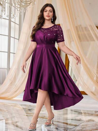 Plus Sequin Floral Lace Contrast Satin High Low A-Line Hem Elegant Prom Evening Party Dress, Valentine's Day Dress, Summer Dress, Wedding Guest Dress, Prom Dress, For Birthday, Homecoming, Festivals