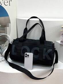 Bolsa de lona con decoración de letras, de gran capacidad, para viajes cortos, bolsa de gimnasio, bolsa de yoga, mochila escolar, bolsa deportiva unisex para deportes, acondicionamiento físico, ejercicio, viajes, vacaciones, para mujeres y hombres, artículo de viaje duradero - Negro - Ver 4