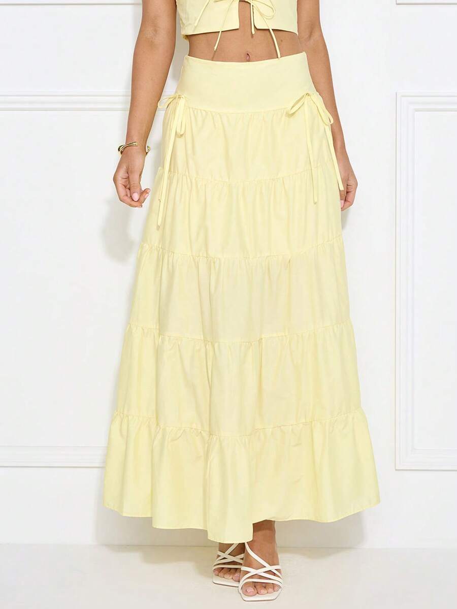 Jupe évasée à volants de couleur unie pour femme - Jaune citron - Voir 1