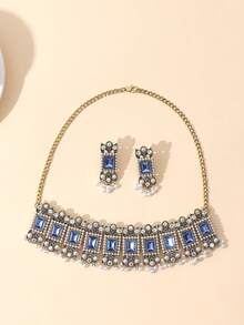 European Retro Exaggerated Boho Rhinestone, Pearl, Geometric Pendant Necklace & Tassel Earrings 3pcs Set - Blue - View 3