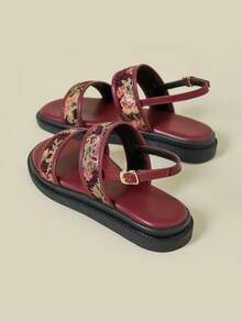 Women's Thick Sole Strap Buckle Sandals, Random Floral Print Bohemian Style Retro Peep Toe Comfortable Platform Wedge Shoes, Suitable For Summer Beach, Spring/Autumn, Plus Size 41-43 - Burgundy - View 5