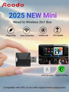 XUDA 2025新款迷你CarPlay AI盒子，有线转无线CarPlay和Android Auto二合一适配器，兼容99%原厂有线CarPlay/Android Auto车辆，2.4~5.0 GHz WiFi5，时尚便携 - 黑色 - 查看 2