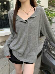 夏季韩版宽松纽扣式防晒休闲长袖T恤上衣 - 灰色 - 查看 5