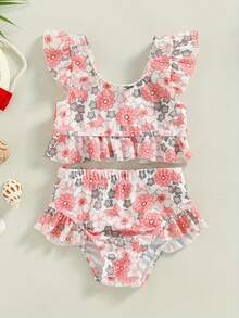Conjunto de bikini para niña, estampado de flores y cabeza de toro, camiseta sin mangas con cintura elástica, traje de baño para verano - durazno - Ver 1
