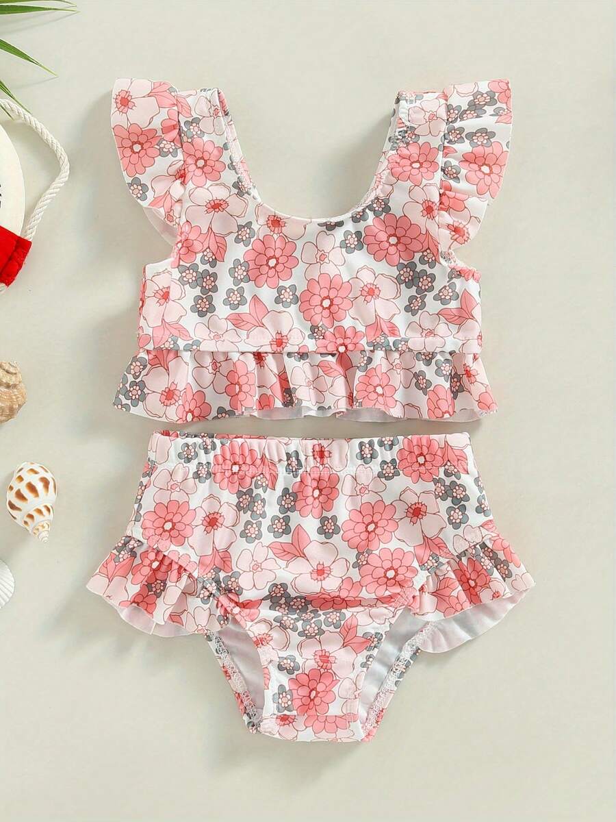 Conjunto de bikini para niña, estampado de flores y cabeza de toro, camiseta sin mangas con cintura elástica, traje de baño para verano - durazno - Ver 1