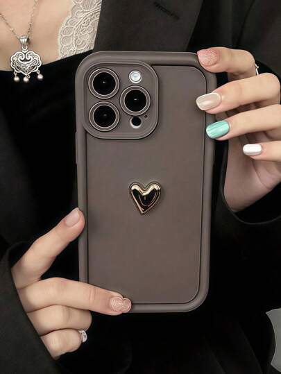 1pc Luxury Cute 3D Golden Heart Soft Phone Case, Compatible With IPhone 16 16Promax 16Pro 16plus XR 15 14 Pro Max 12 13 Pro 11, Anti-Fall Candy Color Shell Waterproof Shockproof Scratch Resistant