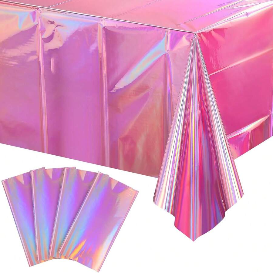 1 Pack Shiny Plastic Tablecloth, Disposable Holographic Rectangular Tablecloth, Party Decoration For Birthday, Wedding, Christmas - Pink - View 1