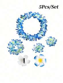 5Pcs/Set Hawaiian Leis Flower Headband Wristbands Tropical Hawaii Necklace Bracelets Hair Hoops Wreath Headpiece Hair Bands Cosplay Costume Summer Beach Vacation Pool Party Decoration - Multicolor - View 2