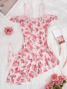 Random Print Open Shoulder Slip Nightgown - Pink - View 3