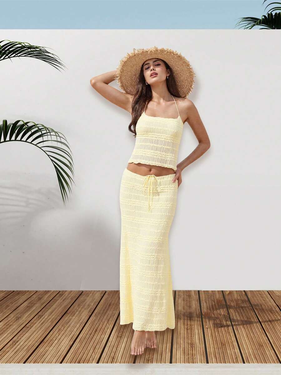 Women 2Pcs Summer Skirt Set Solid Color Backless Halter Tops And Drawstring Skirt Set For Streetwear Aesthetic Clothes - Yellow - View 1