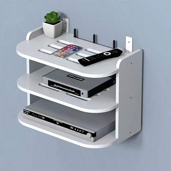 1 pieza Estantería de pared multifuncional, estante de almacenamiento de escritorio, estante colgante de pared para router inalámbrico, control remoto, DVD y decodificador de TV, sin instalación por taladrado, ahorro de espacio, estantería práctica