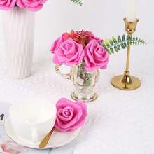 50 PIEZAS Rosas azules reales artificiales, flores de espuma de plástico para centros de mesa de boda DIY, decoración del hogar, decoraciones versátiles para fiestas y manualidades de temporada - Rosa Fucsia - Ver 3