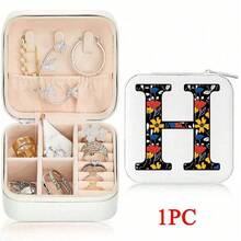 صندوق مجوهرات من الجلد الصناعي مزخرف بزهور مع 26 حرفًا، مناسب كهدية، مزود بأجزاء قابلة للإزالة وحجم محمول