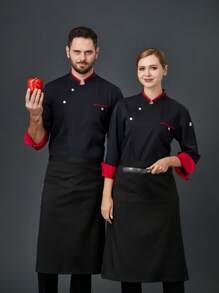 New Custom Diagonal Double Buckle Color Block Fashion Black Chef Uniform, Unisex Long Sleeve, Suitable For Autumn/Winter, Premium Quality For Hotel, Western Restaurant, Fast Food Shop, Cafe, Bakery, Breathable, Wrinkle-Resistant, Stand Collar Design, Stretchy Fabric, Loose Fit