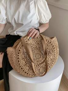 Bolso tejido clásico, bolso de playa redondo para mujer, bolso de paja para mujer, bolso bandolera, bolso de mano para mujer, esencial de playa, artículos de playa, equipo de playa y - Blanco - Ver 11