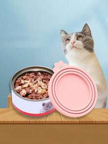1pc Reusable Silicone Pet Food Can Cover With Feeding Spoon - Round Container Shape, For Keeping Pet Utensils Fresh - Multicolor - View 1