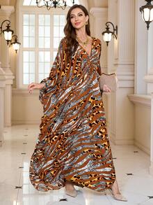 女士热带印花蝙蝠袖宽松波西米亚风V领睡袍