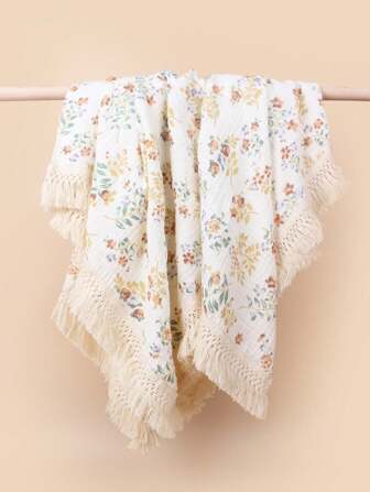 1 件装婴儿纯棉印花流苏襁褓毯、婴儿车罩