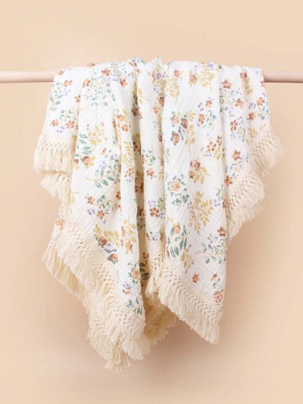 1pc Baby Cotton Printed Tasseled Swaddle Blanket, Stroller Cover