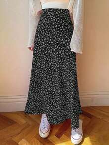 EARO 复古浪漫花卉雪纺休闲简约日常百搭高腰 A 字裙，适合女士，春秋，弹力，修身，宽松，优雅长喇叭下摆 - 黑色 - 查看 3